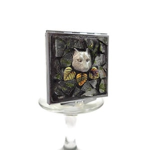 Mosaic Double Sided Compact Mirror With Clay Wolf Totem And Autumn Leaves, Clear With Green Stained Glass, Make Up, Square, Forest, Nature image 1