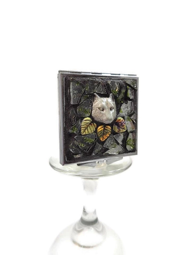 Mosaic Double Sided Compact Mirror With Clay Wolf Totem And Autumn Leaves, Clear With Green Stained Glass, Make Up, Square, Forest, Nature image 1