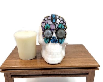 Day of the Dead Skull, Mosaic Skull, Halloween, Mini Sugar Skull, All Saints Day, All Souls Day, Nature Leaves, Marble Eyes, Pink Blue White