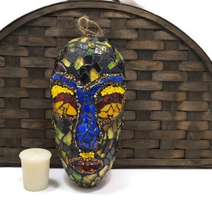Tribal Mosaic Mask Wall Hanging, Borneo Inspired, Decor, Patio, Home, Stained Glass With Beads. Blue, Red, Yellow, Green, Tribe, Art, Gift