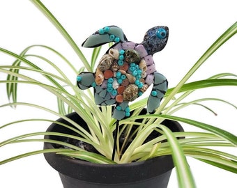 Sea Turtle Plant Stake Mosaic Turtle Potted Plant Bling Nature Beach Tropical Theme Decor Indoor Outdoor Plant Marker Plant Lover Gift Art
