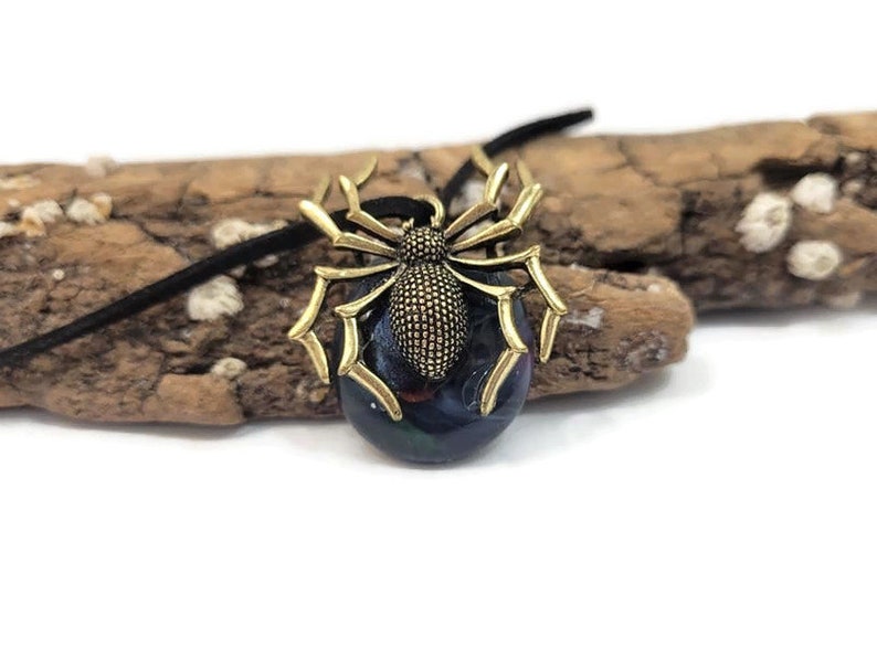 Spider Charm Fused Glass Pendant Necklace, Halloween, Gothic Jewelry, Golden, Witch Costume, Magic, Creepy, Bug, Large, Autumn Gift, Scream image 10