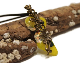 Yellow Fused Glass With Flower Charm Pendant Necklace, Dichroic, Irregular, Long, Funky Fashion, Nature Jewelry, Clear With Gold, Boho Vibe