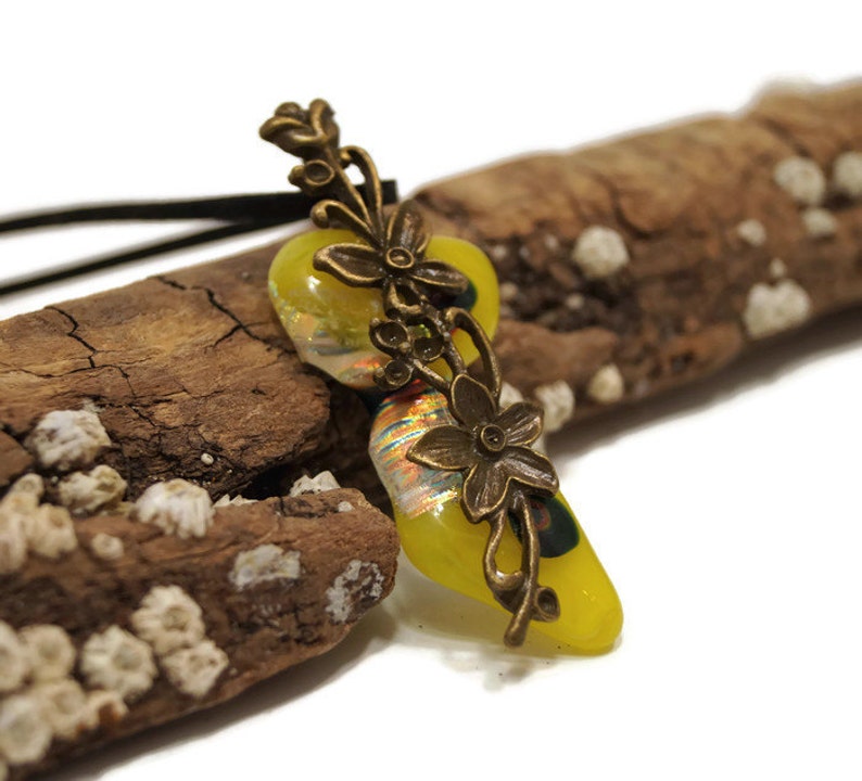 Yellow Fused Glass With Flower Charm Pendant Necklace, Dichroic, Irregular, Long, Funky Fashion, Nature Jewelry, Clear With Gold, Boho Vibe image 1