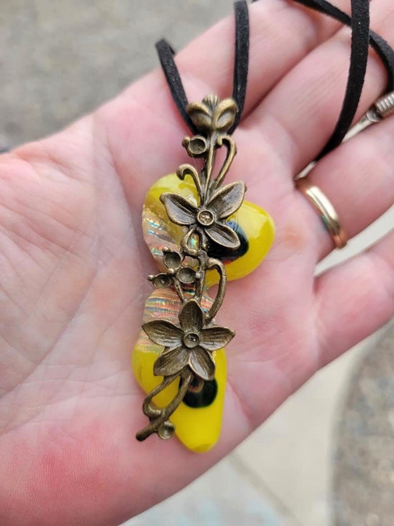 Yellow Fused Glass With Flower Charm Pendant Necklace, Dichroic, Irregular, Long, Funky Fashion, Nature Jewelry, Clear With Gold, Boho Vibe image 5