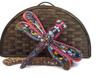 Pink Large Mosaic 3 D Dragonfly Wall Hanging With Leaf Charms And Beads, Patio Decor, Bug Art, Nature, Summer Art, Zen Garden, Multi Colors