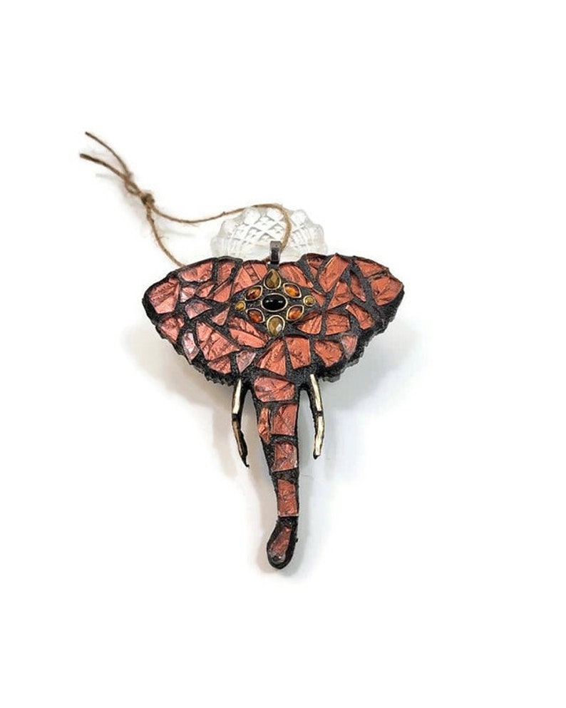 Mosaic Boho Asian Elephant With Vintage Jewelry Head Piece, Christmas Ornament, Stained Glass, Holiday, Gift Idea, Home Decor, Hippie Art image 1