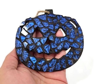 Mosaic Jack-O-Lantern Ornament, Dark Blue Stained Glass, Pumpkin, Open Mouth Nose And Eyes, Halloween, Thanksgiving, Autumn Art, Gift Tag