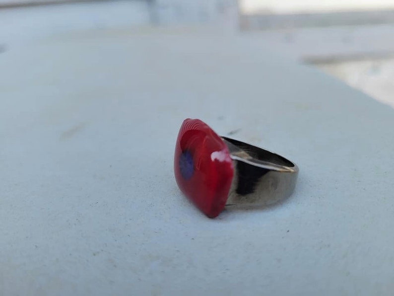 US Size 7 Red Fused Glass Ring With Flower, Hematite Band, Teen Ring, Unisex, Fun, Fashion, Jewelry, Free Spirit, Hippie, Boho, Beach Vibe image 6