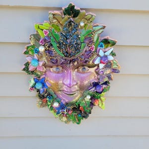 Máscara de pared de mosaico del Hombre Verde Místico – Decoración fantástica de espíritu de la naturaleza con vidrieras de resina imagen 14