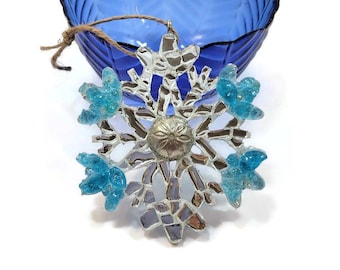 Mosaic Snowflake Ornament, Blue & Silver Christmas Decor, Mirror Glass Winter Ornament, Handmade Holiday Tree Decoration, Unique Gift