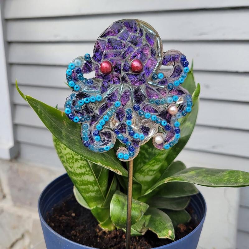 Octopus Stackable Markers Handmade Stained Glass Octopus Plant Stake Marker Beaded Faux Pearl ...