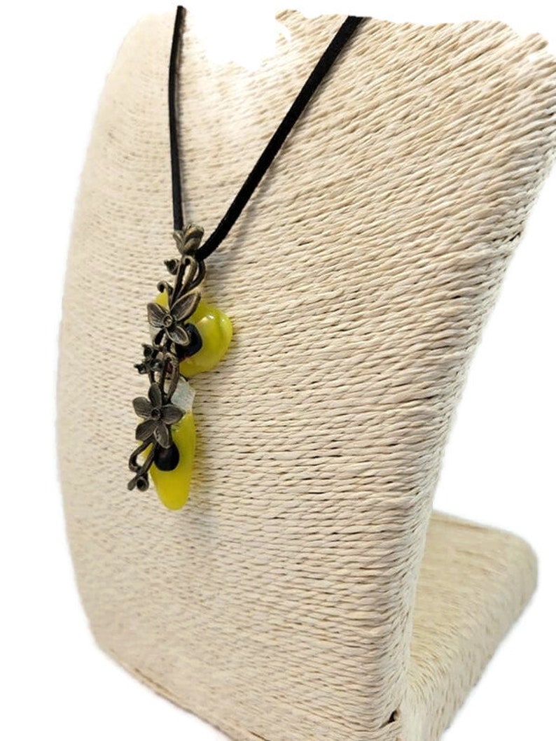 Yellow Fused Glass With Flower Charm Pendant Necklace, Dichroic, Irregular, Long, Funky Fashion, Nature Jewelry, Clear With Gold, Boho Vibe image 10