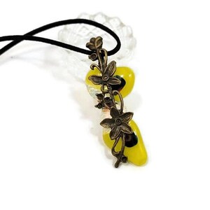 Yellow Fused Glass With Flower Charm Pendant Necklace, Dichroic, Irregular, Long, Funky Fashion, Nature Jewelry, Clear With Gold, Boho Vibe image 9