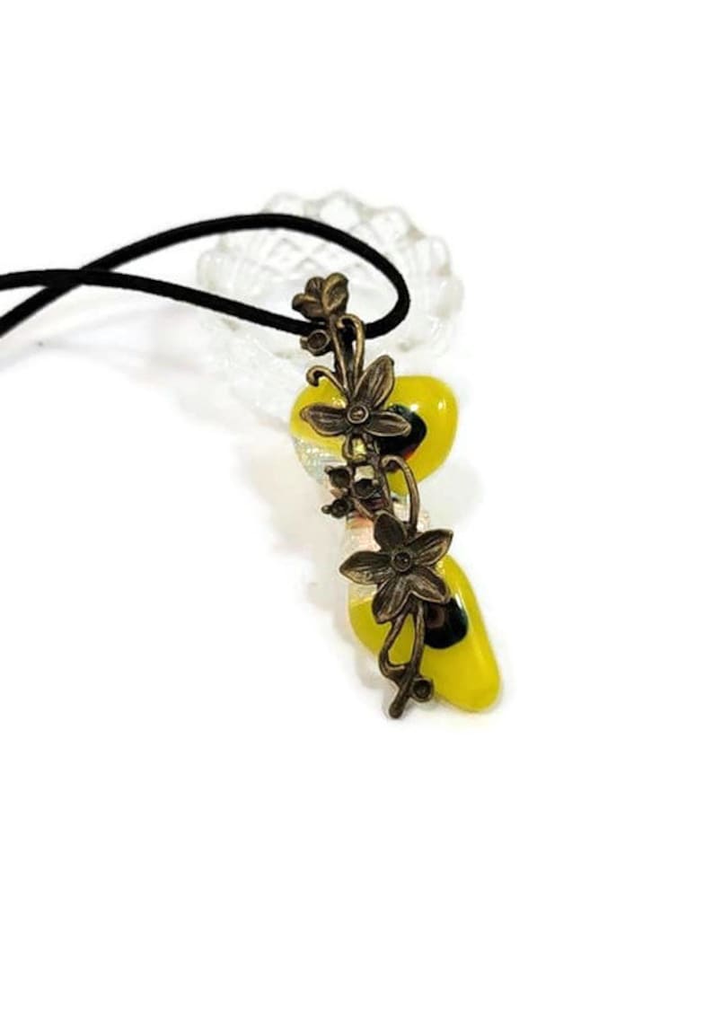 Yellow Fused Glass With Flower Charm Pendant Necklace, Dichroic, Irregular, Long, Funky Fashion, Nature Jewelry, Clear With Gold, Boho Vibe image 9