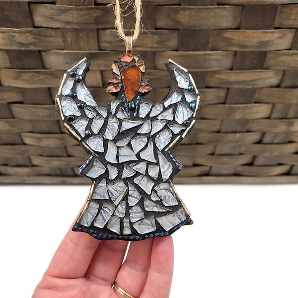 Mosaic Angel Of Color With Brown Skin Copper Hair Stained Glass Silver Dress And Wings, Tree Ornament, Christmas, Holiday, Secret Santa Gift