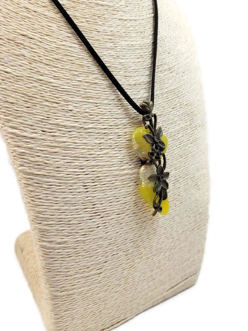 Yellow Fused Glass With Flower Charm Pendant Necklace, Dichroic, Irregular, Long, Funky Fashion, Nature Jewelry, Clear With Gold, Boho Vibe image 4