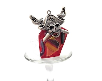 Large Fused Glass Piece With Silver Tone Pirate Skull Pendant Charm, Orange And Red, Jewelry Making, Textured, Halloween, Costume, Treasure