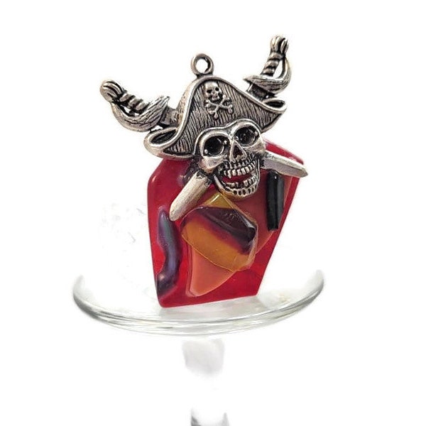 Large Fused Glass Piece With Silver Tone Pirate Skull Pendant Charm, Orange And Red, Jewelry Making, Textured, Halloween, Costume, Treasure