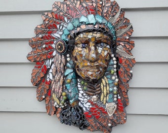 Mosaic Native American Wall Hanging Stained Glass Native American Chief, Indigenous Native American Southwest Art Tribal Wall Art