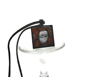 Square Framed Mosaic Stained Glass Red Orange With Clear White Fused Glass Pendant Necklace, Unisex, Wearable Art Gift, Jewelry, Boho Vibe