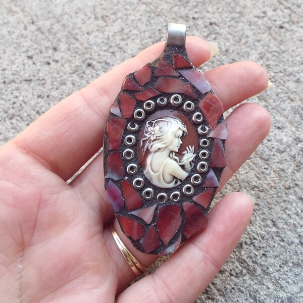 Reserved for Karen Victorian Spoon Jewelry, Mosaic Jewelry, Art Pendant, Girl Ornament, Cameo, Steampunk Cameo Mosaic Pendant