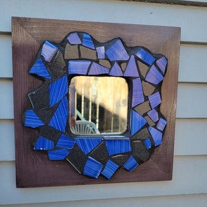 Mosaic Mirror With Vintage Tile And Purple Wooden Frame, Blue and Black, Square, Hallway, Home Decor, Entry Way, Dorm, House Warming Gift image 6