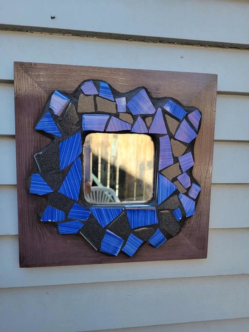 Mosaic Mirror With Vintage Tile And Purple Wooden Frame, Blue and Black, Square, Hallway, Home Decor, Entry Way, Dorm, House Warming Gift image 6