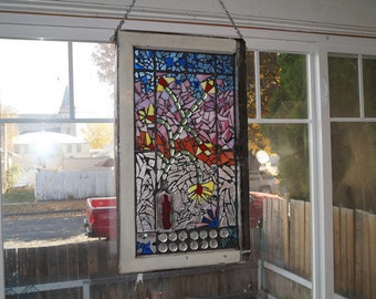 Mosaic Stained Glass Flowers Window With Vintage Frame And Vintage Bottle, Home Decor, Art, Wall Hanging, Vintage decor, Country Living, Sun