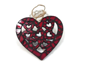 Mosaic Heart Ornament, Red Stained Glass, Valentines Day, Boho, Love Token Art, Romance, Girlfriend Gift, Mothers Day, Christmas Ornament