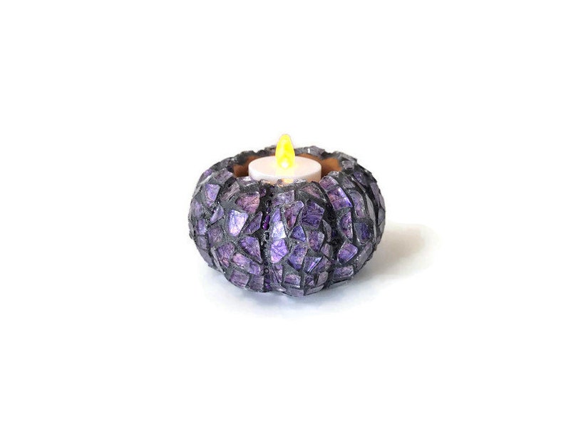 Mosaic Purple Stained Glass Fall Tea Light Pumpkin Figurine, Halloween And Thanksgiving Decor, Autumn Table Scape, Self Sitter, Art Decor zdjęcie 10