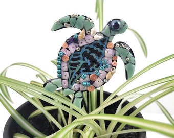 Sea Turtle Plant Stake Mosaic Turtle Potted Plant Bling Nature Beach Tropical Theme Decor Indoor Outdoor Plant Marker Plant Lover Gift Art