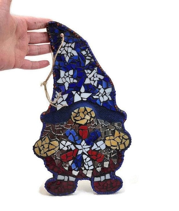 Mosaic Gnome Wall Hanging, Patriotic Stained Glass Decor