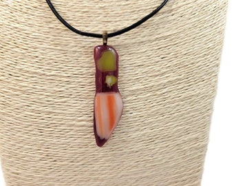 Red Orange White and Yellow Fused Glass Pendant Necklace, Long Thin and Striped, Boho, Hippie, Unisex, Western, Jewelry, Gift Idea, Birthday