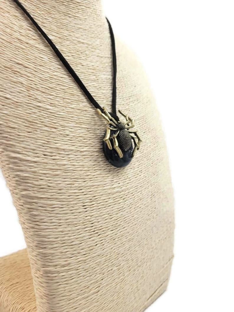 Spider Charm Fused Glass Pendant Necklace, Halloween, Gothic Jewelry, Golden, Witch Costume, Magic, Creepy, Bug, Large, Autumn Gift, Scream image 5