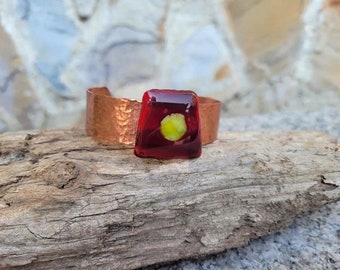 Adjustable Red And Yellow Fused Glass Art Bracelet Cuff With Hand Hammered Copper Band, Trapezoid And Circle, Unisex, Gift Idea, Hippie Boho
