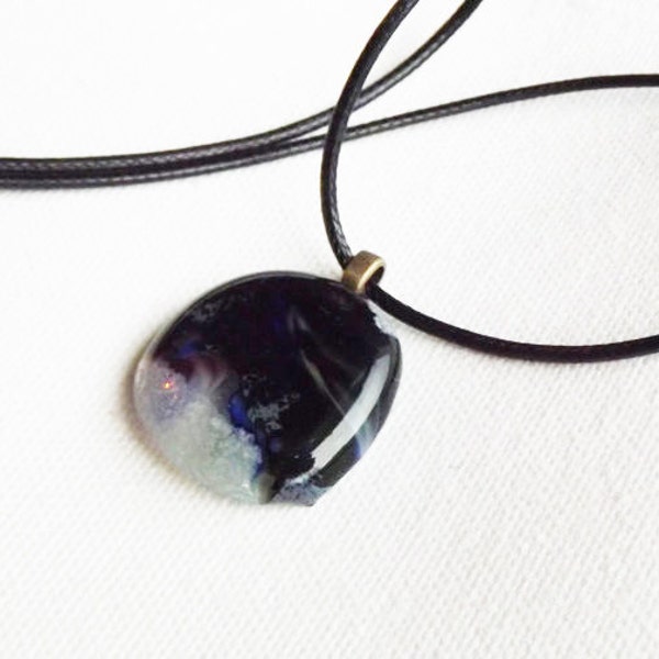 Fused Glass Pendant, The Lovely Storm, Black and Blue Necklace, Glass Round Pendant
