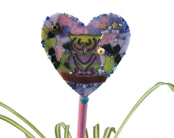 Mosaic Forest Scene Owl Plant Stake, Indoor Garden, Potted Plant Bling Stick, Plant Marker Ornament, Nature Forest Decor, Birthday Gift, Art