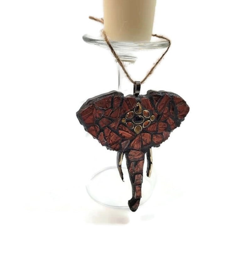 Mosaic Boho Asian Elephant With Vintage Jewelry Head Piece, Christmas Ornament, Stained Glass, Holiday, Gift Idea, Home Decor, Hippie Art image 9