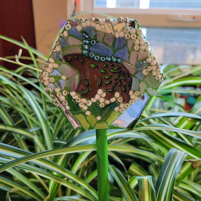 Estaca de planta de escena ártica mosaico, jardín interior, palo de bling de planta en maceta, oso pardo, oso polar, adorno de marcador de planta, arte de la naturaleza imagen 3