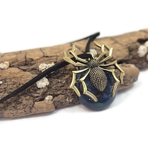 Spider Charm Fused Glass Pendant Necklace, Halloween, Gothic Jewelry, Golden, Witch Costume, Magic, Creepy, Bug, Large, Autumn Gift, Scream image 3