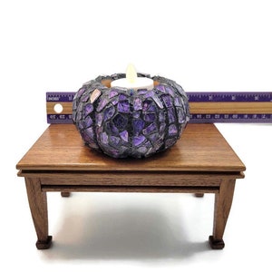 Mosaic Purple Stained Glass Fall Tea Light Pumpkin Figurine, Halloween And Thanksgiving Decor, Autumn Table Scape, Self Sitter, Art Decor zdjęcie 2