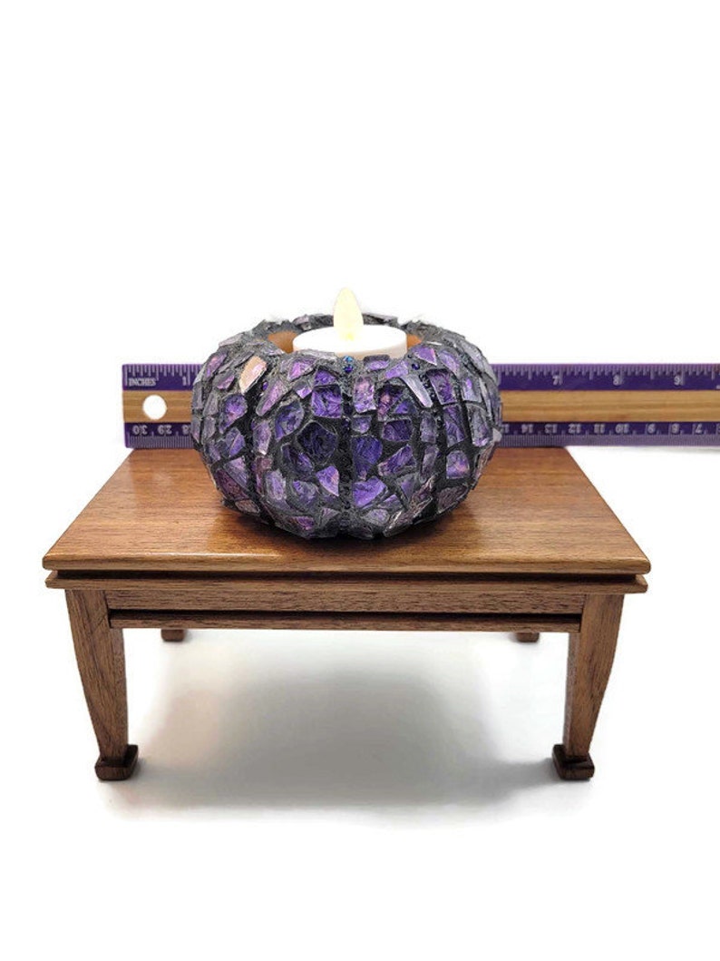 Mosaic Purple Stained Glass Fall Tea Light Pumpkin Figurine, Halloween And Thanksgiving Decor, Autumn Table Scape, Self Sitter, Art Decor zdjęcie 2