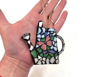 Mosaic Plant Watering Can Ornament With Butterfly, Stained Glass, Spring Theme Decor, Christmas, Easter, Holiday, Birthday, Gardener Gift