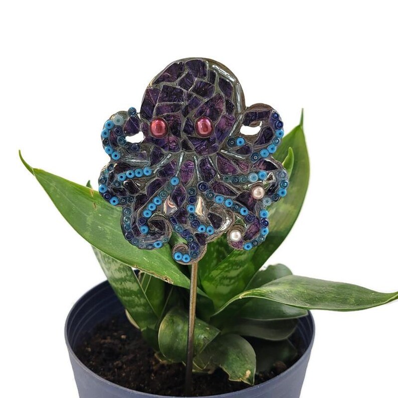 Octopus Stackable Markers Handmade Stained Glass Octopus Plant Stake Marker Beaded Faux Pearl ...