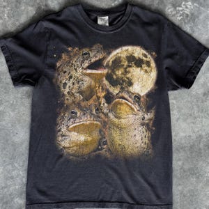 May include: A black short-sleeve t-shirt featuring a graphic print of three textured toads in a dark, starry environment. One toad is reaching toward a large, glowing full moon. The design includes earthy brown and yellow tones on the toads.