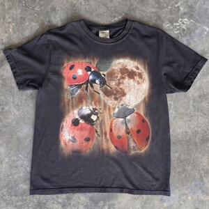 Può includere: Una t-shirt grigio antracite a maniche corte con una stampa grafica di tre coccinelle rosse con punti neri. Il design include un grande elemento circolare testurizzato simile a una luna sullo sfondo, con un'estetica vissuta e usurata.