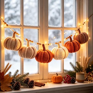 May include: A decorative garland featuring six crocheted pumpkins in shades of cream, orange, and brown, strung along a cord with small wooden beads and warm white fairy lights, displayed across a window frame with a snowy outdoor view.