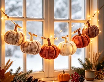 Hand‑Crocheted Pumpkin Garland, Farmhouse Fall Decor, Pumpkin Mantel Ornament, Housewarming & Thanksgiving Home Gift