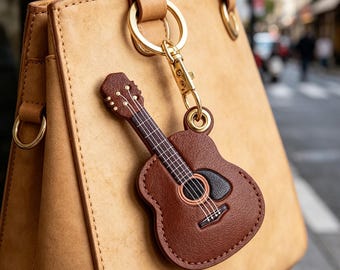Guitar Christmas Party Favor, Handmade Leather Keychain, Music Teacher Gift